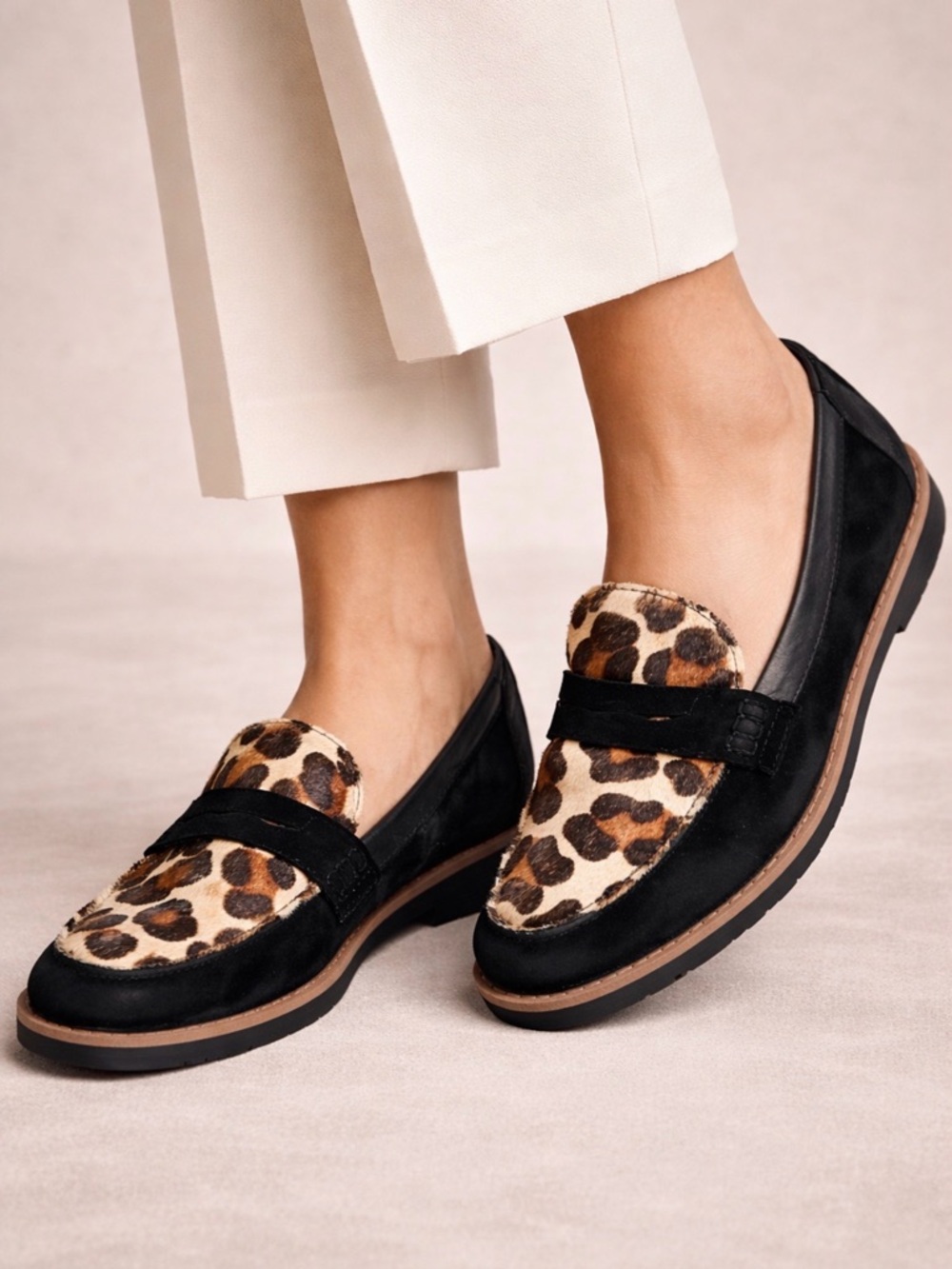 Vaneli Black Leather Loafers with Leopard Haircalf Vamp